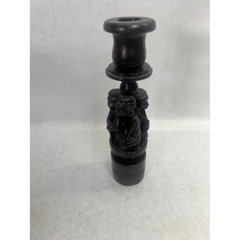 Hand Carved African Ebony Wood Candlestick Holder Tribal Figures Dark Wood 11in